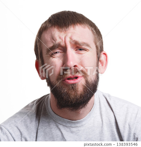 Fail again. Unhappy man expressing sorrow on face, grimacing on white isolated background, portrait, copy space Fail again. Unhappy man expressing sorrow on face, grimacing on white isolated background, portrait, copy space 138393546