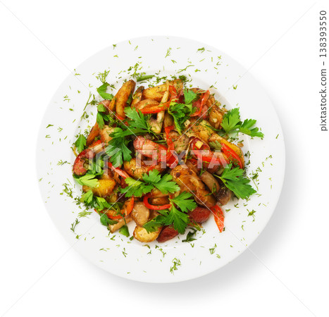 Restaurant food - roasted potatoes with vegetables and mushrooms, parsley 138393550
