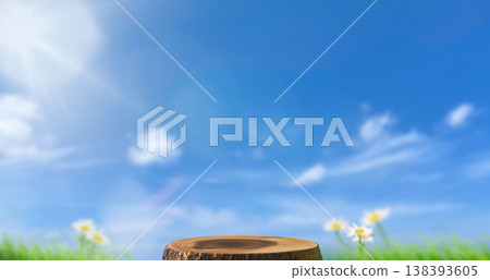 Wooden Podium with Blue Sky Sunlight and Spring Flower Background Wooden Podium with Blue Sky Sunlight and Spring Flower Background 138393605