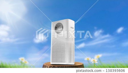 Air Purifier on Wooden Podium with Blue Sky Clean Air Concept 138393606