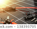 Solar panel connector cable and MC4 plug installation tools on photovoltaic surface 138393705