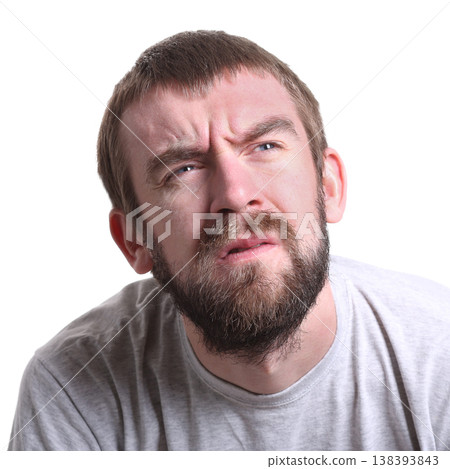Suspicious. Worried man thinking about problem, searching solution, white isolated studio background Suspicious. Worried man thinking about problem, searching solution, white isolated studio background 138393843