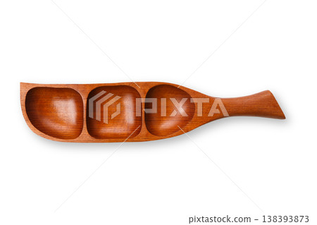 Sushi boat. Empty wooden plate with three chambers for food presentation, top view, isolated at white background 138393873