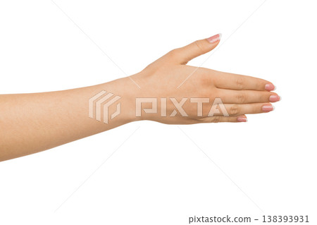 Nice to meet you. Woman offer handshake, outstretched hand with greeting gesture, isolated on white, copy space Nice to meet you. Woman offer handshake, outstretched hand with greeting gesture, isolated on white, copy space 138393931