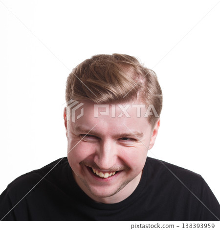 Just kidding. Cheerful man laughing on joke on white isolated background, studio shot, copy space Just kidding. Cheerful man laughing on joke on white isolated background, studio shot, copy space 138393959
