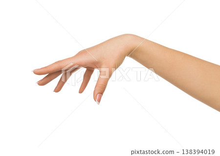 Close-up of female hand making gesture while grab some items on white isolated background, cutout, copy space Close-up of female hand making gesture while grab some items on white isolated background, cutout, copy space 138394019