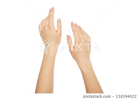 Woman's hands with french manicure isolated on white background. Beauty and skincare concept, close-up, cutout Woman's hands with french manicure isolated on white background. Beauty and skincare concept, close-up, cutout 138394022