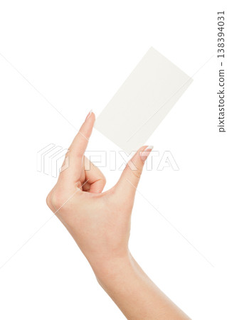Woman's hand holding blank card for text message isolated on white background, close-up, cutout, copy space 138394031