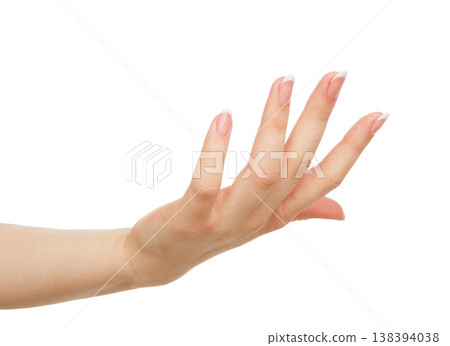 Female hand keeping cupped palm, close-up, cutout, isolated on white background. Female hand keeping cupped palm, close-up, cutout, isolated on white background. 138394038