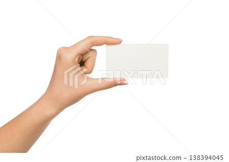 Business and advertisement. Human hand holding blank card for text message, isolated on white, copy space, close-up Business and advertisement. Human hand holding blank card for text message, isolated on white, copy space, close-up 138394045