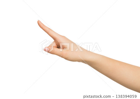 Look at this. Hand gestures - woman pointing on virtual object with forefinger, isolated on white background, cutout, close-up 138394059