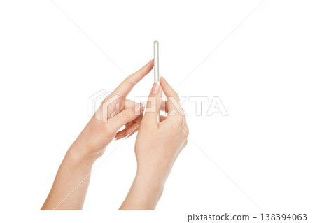 Female hand holding smartphone and pointing with index finger on blank screen isolated on white background, close-up, cutout, copy space Female hand holding smartphone and pointing with index finger on blank screen isolated on white background, close-up, cutout, copy space 138394063