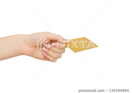 Woman's hand holding blank plastic credit card isolated on white background, close-up, cutout, side view Woman's hand holding blank plastic credit card isolated on white background, close-up, cutout, side view 138394064
