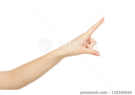 Woman's hand pointing on object with forefinger, close-up, cutout, isolated on white background. Woman's hand pointing on object with forefinger, close-up, cutout, isolated on white background. 138394084