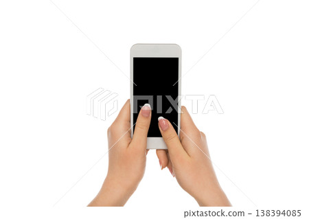 Touch screen with copy space. Mobile phone display, female hand holding modern smartphone and pointing with index finger on blank screen, white isolated background, copy space, cutout 138394085