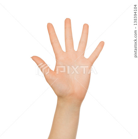 Take five. Hand gesture - outstretched open palm on white isolated background, copy space, close-up Take five. Hand gesture - outstretched open palm on white isolated background, copy space, close-up 138394104