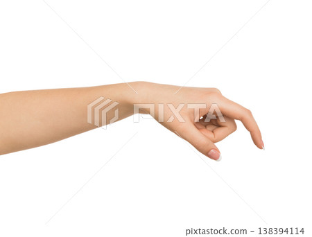 Close-up of female hand making gesture while picking up some items on white isolated background, cutout, copy space Close-up of female hand making gesture while picking up some items on white isolated background, cutout, copy space 138394114
