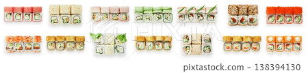 Different types of sushi rolls are displayed in neat rows on a white background. The sushi features various fillings and garnishes for visual appeal. This arrangement highlights the diverse offerings. Different types of sushi rolls are displayed in neat rows on a white background. The sushi features various fillings and garnishes for visual appeal. This arrangement highlights the diverse offerings. 138394130