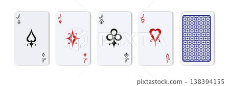 Aces of Spades, Hearts, Diamonds and Clubs. Playing cards design set with back side. Vector illustration Aces of Spades, Hearts, Diamonds and Clubs. Playing cards design set with back side. Vector illustration 138394155