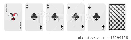 Set of high value playing cards of Clubs. Joker, Ace of Clubs, Queen, Jack and King. Playing cards with back side. Vector illustration Set of high value playing cards of Clubs. Joker, Ace of Clubs, Queen, Jack and King. Playing cards with back side. Vector illustration 138394158