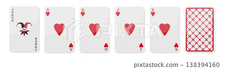Set of high value playing cards of Hearts. Joker, Ace of Hearts, Queen, Jack and King. Playing cards with back side. Vector illustration Set of high value playing cards of Hearts. Joker, Ace of Hearts, Queen, Jack and King. Playing cards with back side. Vector illustration 138394160