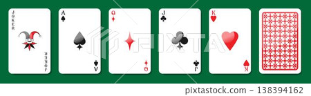 High value playing cards of Spades, Hearts, Clubs and Diamonds. Joker, Ace, Queen, Jack and King. Vector illustration 138394162