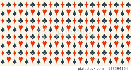 Banner with Playing card suits pattern. Spades, Hearts, Clubs, and Diamonds symbols. Vector illustration 138394164