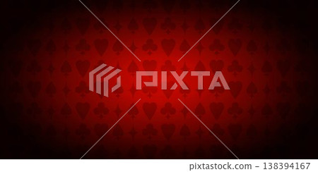 Bright banner with playing card all suits pattern. Hearts, Spades, Diamonds and Clubs suits silhouette on red gradient background. Vector illustration 138394167