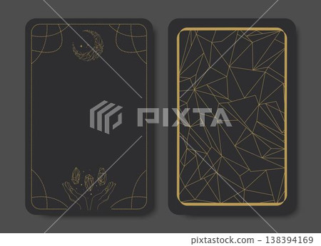 Tarot card frame with a moon crescent and magical crystals. Front and back side. Vector illustration 138394169