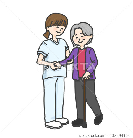 Elderly, hospital, home care, independent living support, rehabilitation, need for care, need for support, assistance, walking, walking with a cane 138394304