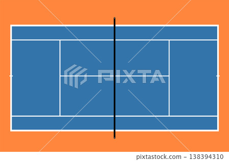 Vector illustration of a tennis court with blue surface, white lines, central net post 138394310