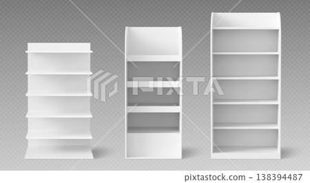 White supermarket shelf displays with empty shelves White supermarket shelf displays with empty shelves 138394487