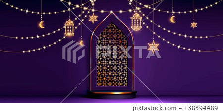 Round podium and elegant Islamic arch Round podium and elegant Islamic arch 138394489