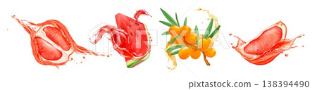 Realistic set of juicy fruit slices on white Realistic set of juicy fruit slices on white 138394490