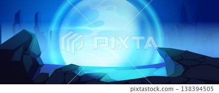 Alien planet landscape, rocky mountains, moon view Alien planet landscape, rocky mountains, moon view 138394505