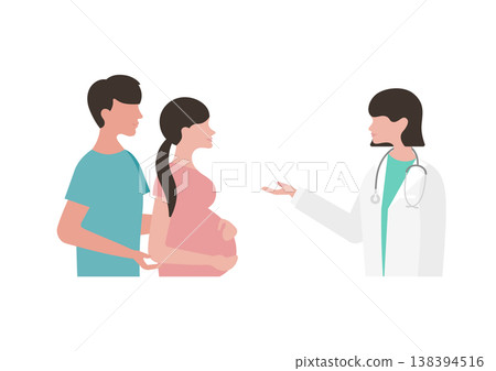 Vector illustration of a female doctor explaining medical information to a pregnant couple (facing left) Vector illustration of a female doctor explaining medical information to a pregnant couple (facing left) 138394516