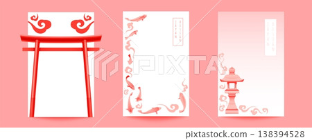 Japanese cards with torii gate, koi fish 138394528