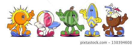 Retro summer beach cartoon characters, mascots 138394608