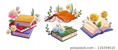Book stack with flowers cartoon vector illustration Book stack with flowers cartoon vector illustration 138394610