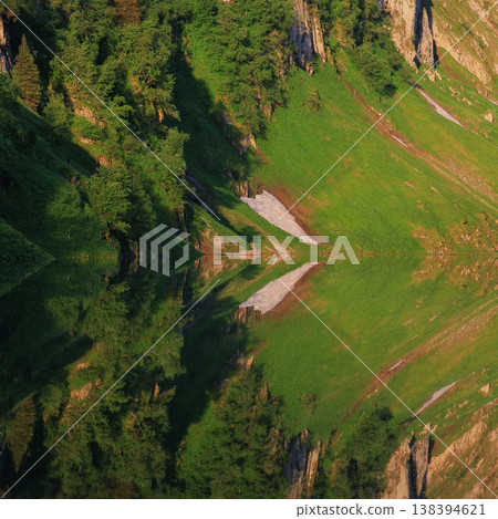 Mirroring of trees and meadows in Lake Fahlensee, Switzerland. 138394621