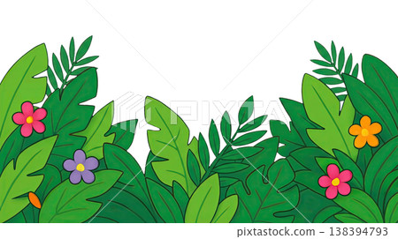 Tropical jungle leaves bottom border with colorful flowers, cartoon forest foliage frame with copy space for kids' educational materials and summer banner. 138394793