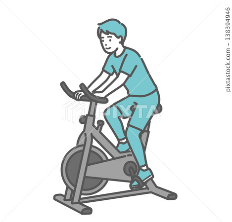 一幅插圖，描繪了一名男子騎著健身自行車時面帶微笑。 138394946