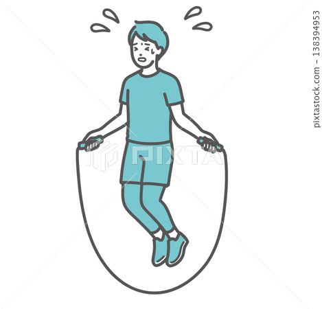 一幅插圖,描繪了一名身穿運動服、渾身是汗、看起來筋疲力盡的男子,正在拼命地跳繩。 一幅插圖,描繪了一名身穿運動服、渾身是汗、看起來筋疲力盡的男子,正在拼命地跳繩。 138394953
