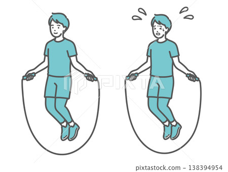 一組插圖,對比了面帶微笑的跳繩男子和汗流浹背、苦苦掙扎的男子。 一組插圖,對比了面帶微笑的跳繩男子和汗流浹背、苦苦掙扎的男子。 138394954