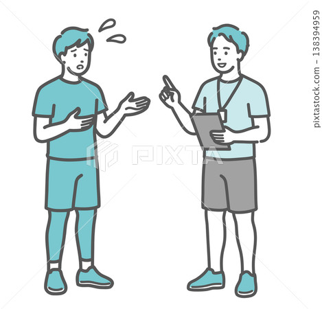 插圖描繪了一位表情憂慮的男子正在向一位男性教練諮詢(輔導)。 插圖描繪了一位表情憂慮的男子正在向一位男性教練諮詢(輔導)。 138394959