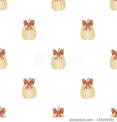 Charming autumn seamless pattern with pumpkins tied red bows. Thanksgiving or Halloween kawaii background. Vector illustration. 138395003