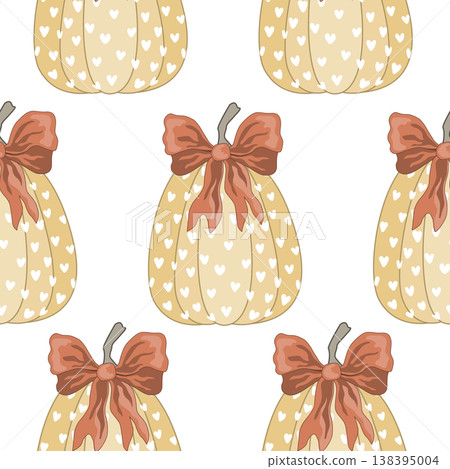 Charming autumn seamless pattern with pumpkins tied red bows. Thanksgiving or Halloween kawaii background. Vector illustration 138395004
