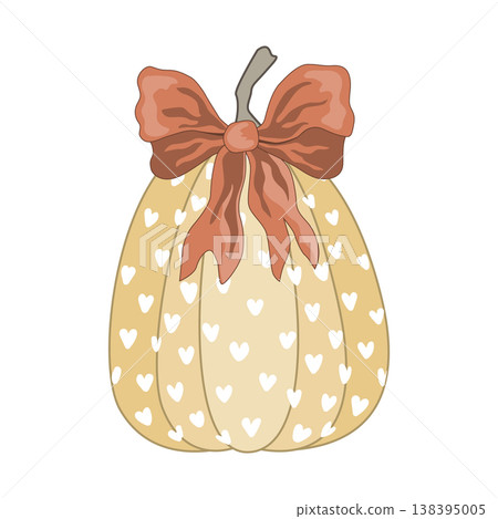 Charming autumn pumpkin with a tied red bow. The concept of an autumn Thanksgiving or Halloween. Vector isolated illustration 138395005