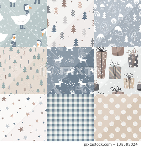Baby Patchwork Christmas Quilt Doodle Design. Vector background. Cozy Winter Patch Work Texture. Rustic Duvet Design. 138395024