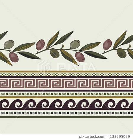 Seamless pattern with olives, meander, and other classical Greek symbols. Rich ancient stylized ornament. Vector illustration Seamless pattern with olives, meander, and other classical Greek symbols. Rich ancient stylized ornament. Vector illustration 138395039